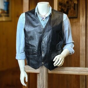 Bonus Black Leather Vest Mens Western Snap Button Size XL